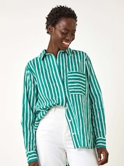 Roman Green 100% Cotton Linear Print V-Neck Button Shirt - Image 4 of 5