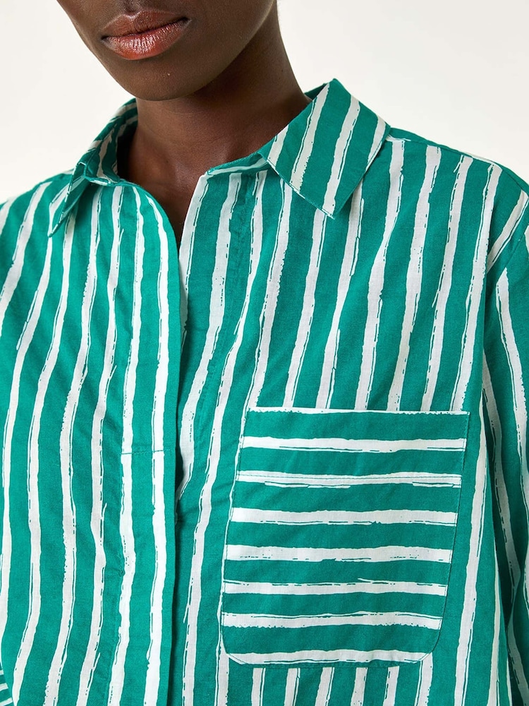 Roman Green 100% Cotton Linear Print V-Neck Button Shirt - Image 5 of 5