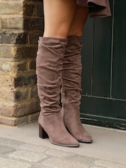 Linzi Brown Escada Knee High Boots With Leather Stacked Heel - Image 1 of 6