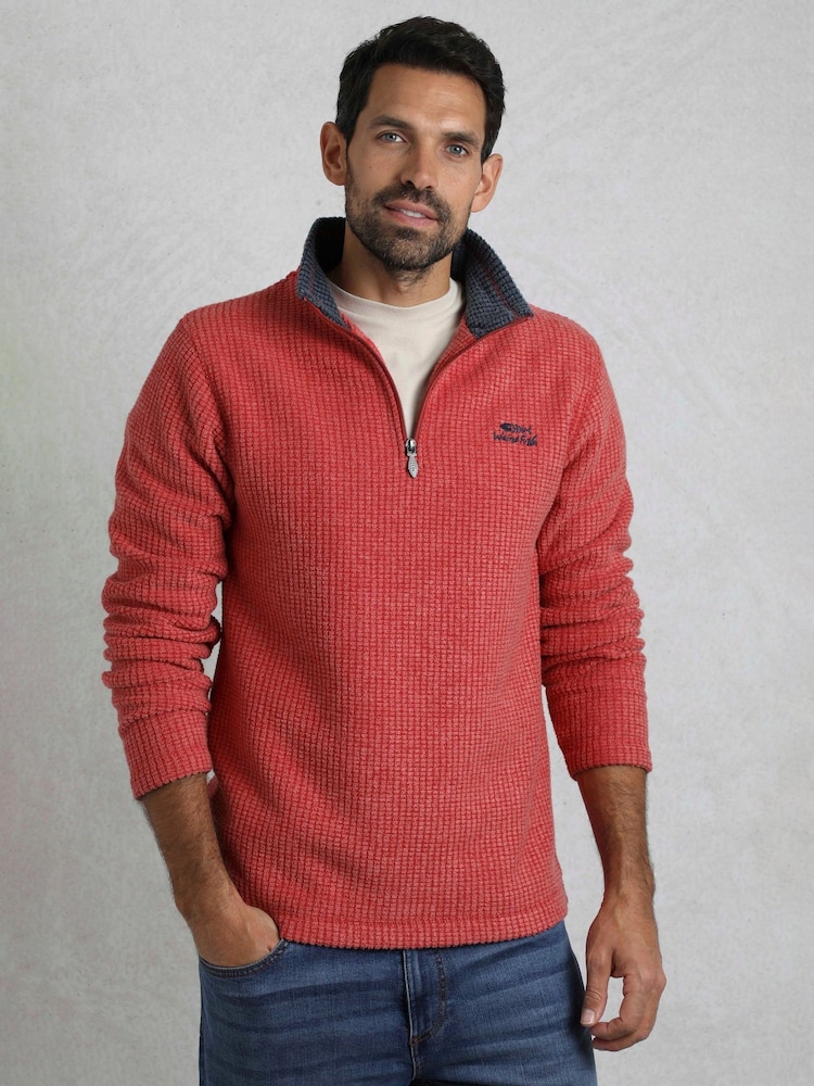 Weird Fish Red Newark Quarter Zip Grid Fleece - Image 1 of 7 Weird Fish Red Newark Quarter Zip Grid Fleece - Image 1 of 7