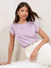 Lipsy Lilac Purple Tulip Sleeve Round Neck Button Detail Satin Top - Image 1 of 4