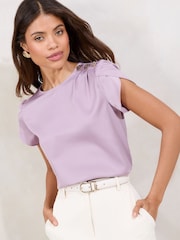 Lipsy Lilac Purple Tulip Sleeve Round Neck Button Detail Satin Top - Image 2 of 4