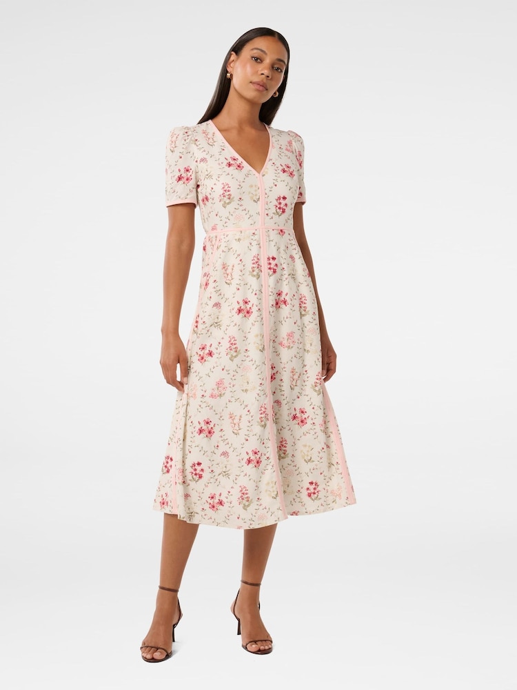 Forever New White Sabrina Printed Midi Dress with a Touch of Linen - Image 1 of 4