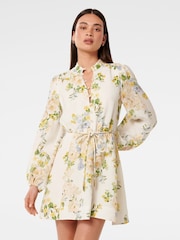 Forever New Cream Annalise Fluted Mini Dress Contains Linen - Image 1 of 5