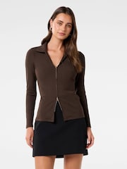 Forever New Brown Tessa Zip Front Polo Top - Image 1 of 5