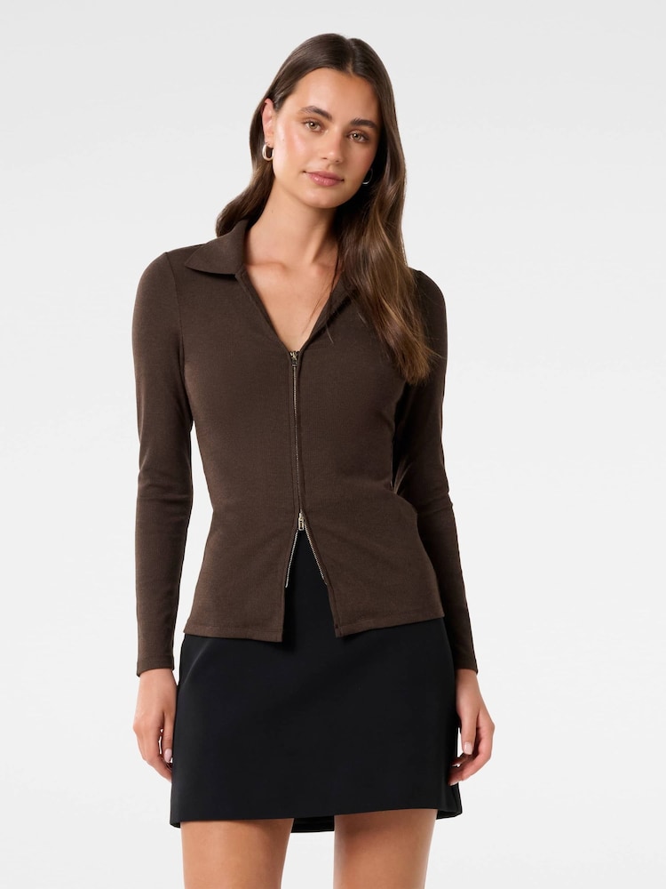 Forever New Brown Tessa Zip Front Polo Top - Image 1 of 5