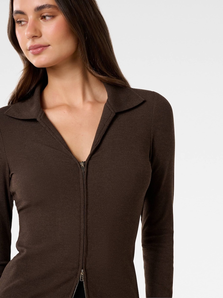 Forever New Brown Tessa Zip Front Polo Top - Image 5 of 5