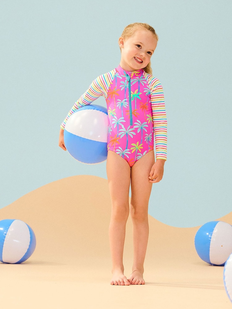Hatley Pink Painted Palms Longsleeve Rashguard Swimsuit - Image 1 of 3