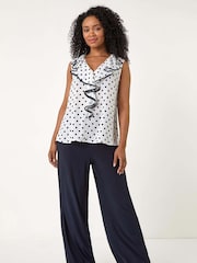 Roman White Petite Contrast Spot Print Frill Top - Image 2 of 5