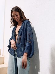 Navy White Crochet Kimono Cover-Up - Image 1 of 3