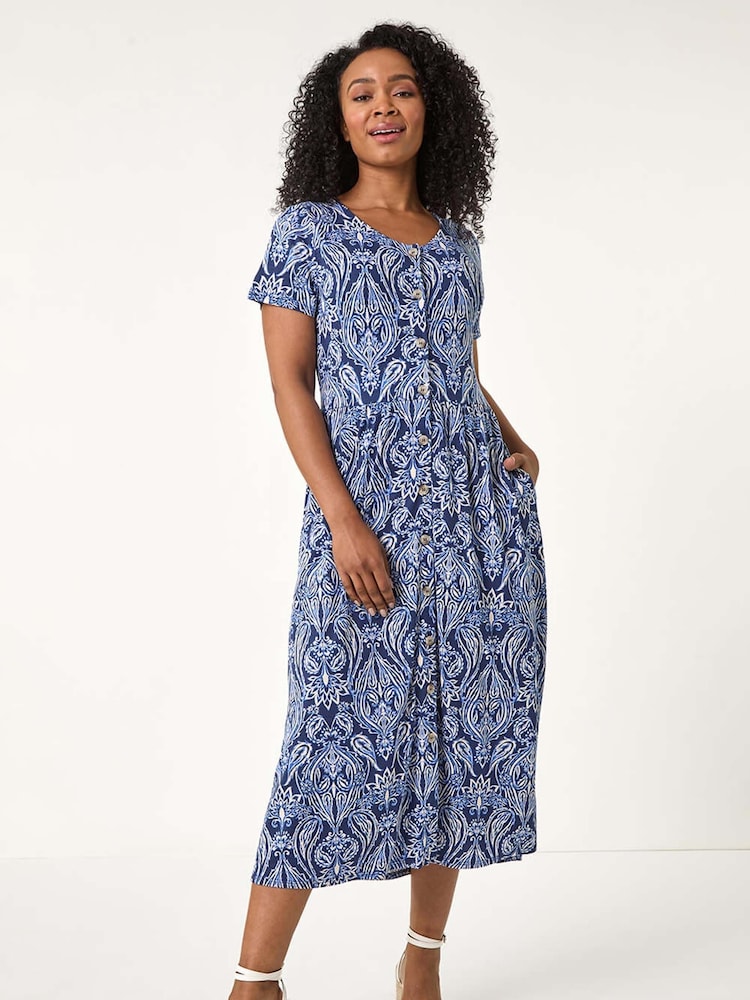 Roman Blue Petite Paisley Button Front Dress - Image 1 of 5