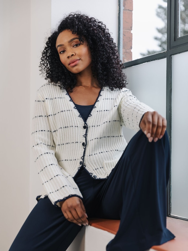 Roman White Petite Contrast Stitch Cardigan - Image 1 of 6