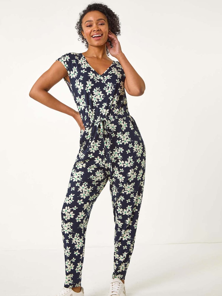 Roman Blue Petite Floral Print Tie Stretch Jumpsuit - Image 1 of 5 Roman Blue Petite Floral Print Tie Stretch Jumpsuit - Image 1 of 5
