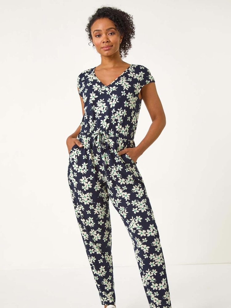 Roman Blue Petite Floral Print Tie Stretch Jumpsuit - Image 2 of 5 Roman Blue Petite Floral Print Tie Stretch Jumpsuit - Image 2 of 5