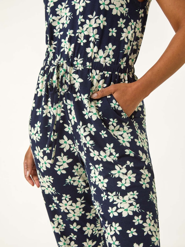 Roman Blue Petite Floral Print Tie Stretch Jumpsuit - Image 5 of 5 Roman Blue Petite Floral Print Tie Stretch Jumpsuit - Image 5 of 5