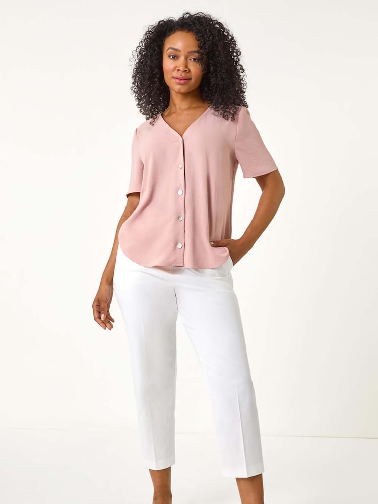 Roman Pink Petite V-Neck Button Through Blouse - Image 1 of 5
