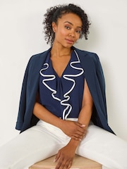 Roman Blue Petite Contrast V-Neck Frill Front Top - Image 2 of 6