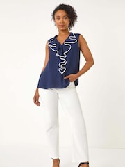 Roman Blue Petite Contrast V-Neck Frill Front Top - Image 3 of 6
