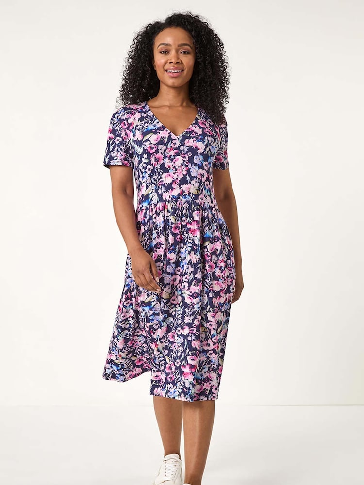 Roman Blue Petite Floral Pocket Midi Dress - Image 2 of 5