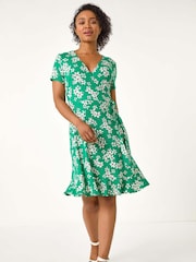Roman Green Petite Floral Print V-Neck Frill Dress - Image 2 of 5