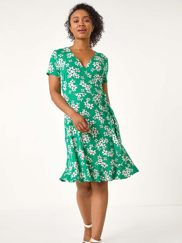 Roman Green Petite Floral Print V-Neck Frill Dress - Image 2 of 5