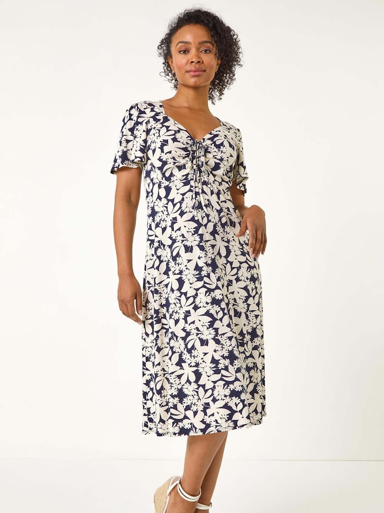 Roman Blue Petite Floral Print Ruched Midi Dress - Image 2 of 5