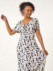 Roman Blue Petite Floral Print Ruched Midi Dress - Image 4 of 5