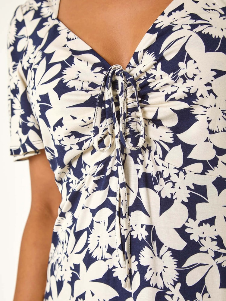 Roman Blue Petite Floral Print Ruched Midi Dress - Image 5 of 5