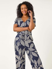 Roman Blue Petite Leaf Print Stretch Jumpsuit - Image 1 of 5