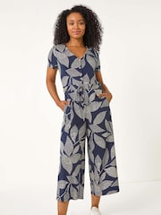Roman Blue Petite Leaf Print Stretch Jumpsuit - Image 2 of 5