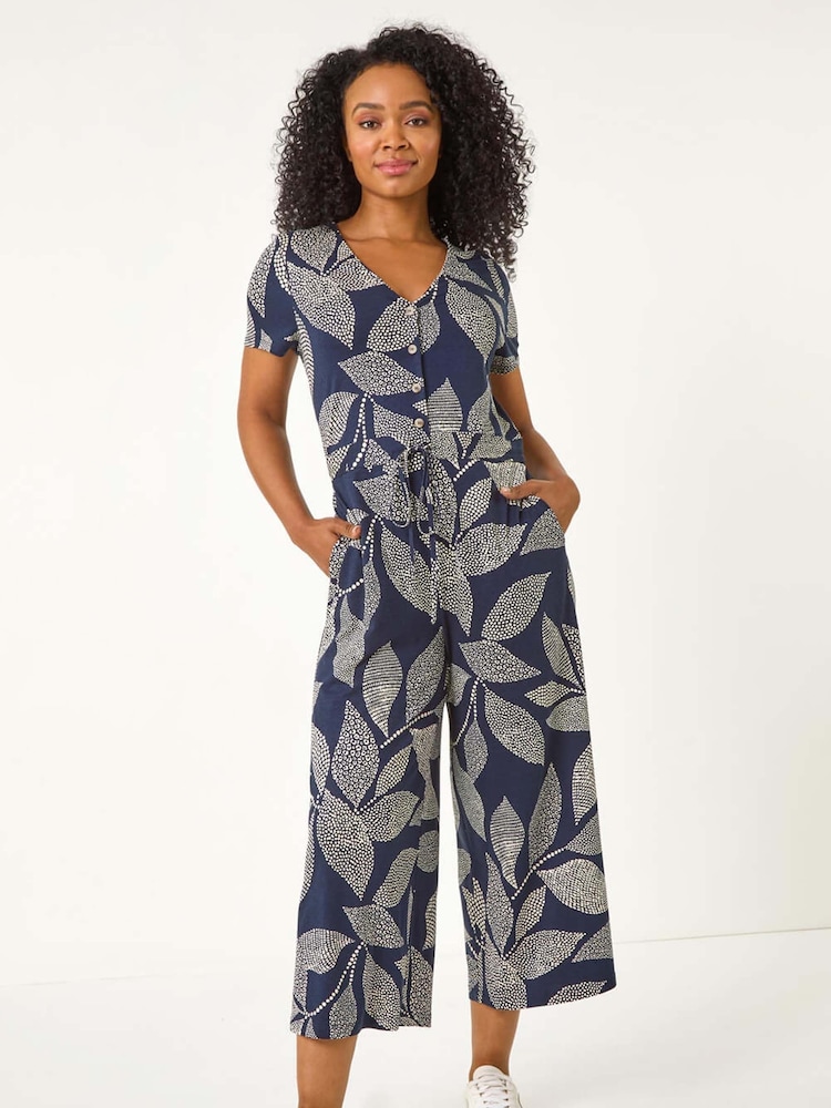 Roman Blue Petite Leaf Print Stretch Jumpsuit - Image 2 of 5