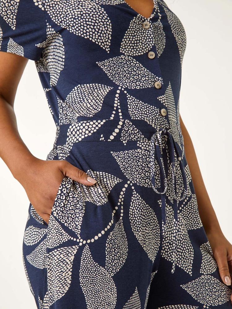 Roman Blue Petite Leaf Print Stretch Jumpsuit - Image 5 of 5