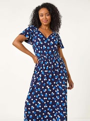 Roman Blue Petite Spot Shirred Waist Midi Dress - Image 1 of 5