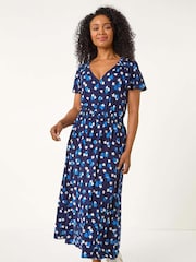 Roman Blue Petite Spot Shirred Waist Midi Dress - Image 2 of 5