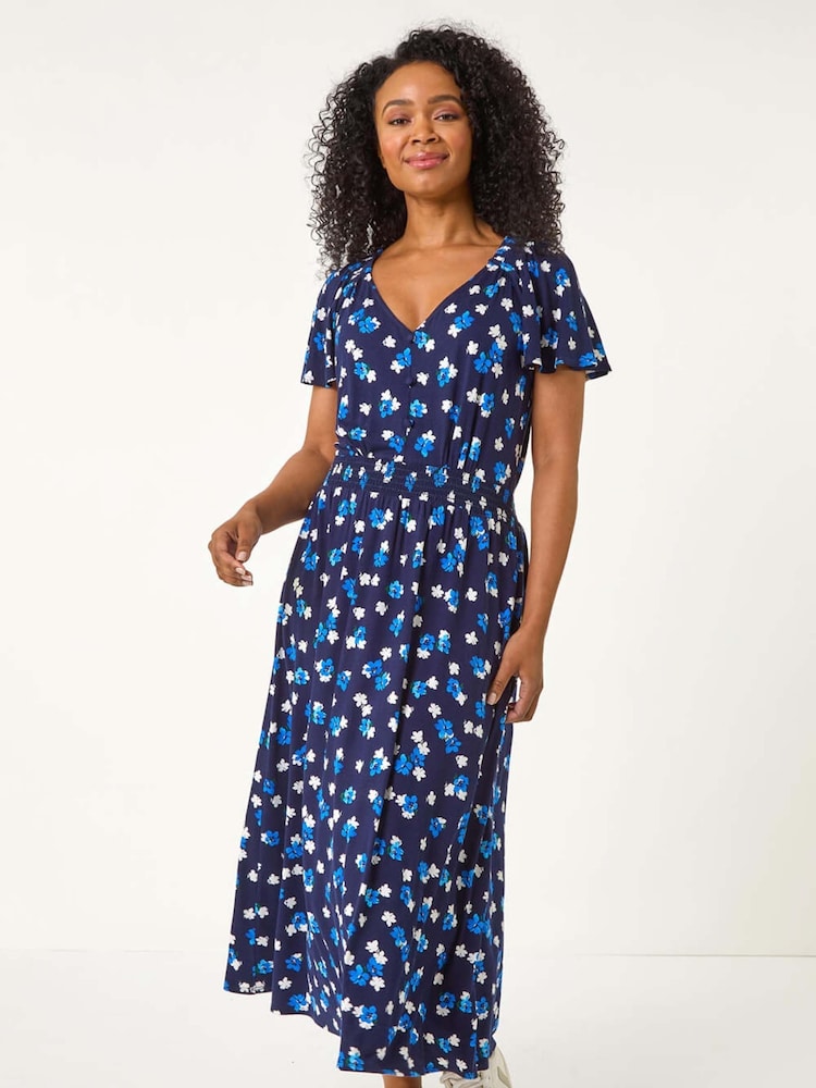 Roman Blue Petite Spot Shirred Waist Midi Dress - Image 2 of 5