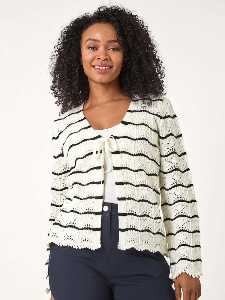Roman White Petite Stripe Knitted Tie Cardigan - Image 1 of 5