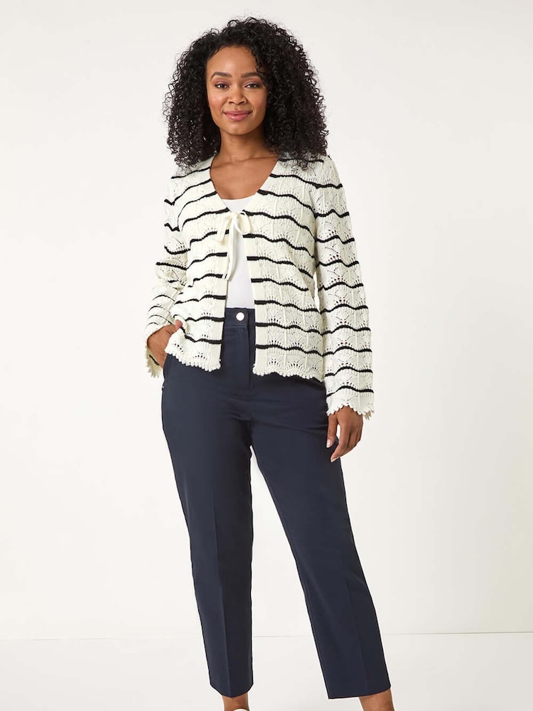 Roman White Petite Stripe Knitted Tie Cardigan - Image 2 of 5