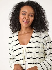 Roman White Petite Stripe Knitted Tie Cardigan - Image 4 of 5