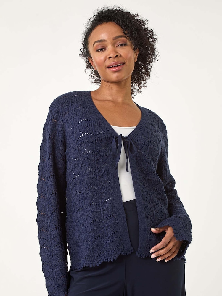 Roman Blue Dark Petite Plain Knitted Tie Cardigan - Image 1 of 5