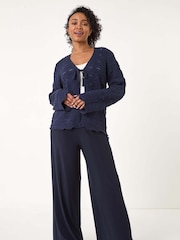Roman Blue Dark Petite Plain Knitted Tie Cardigan - Image 2 of 5
