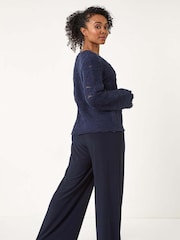 Roman Blue Dark Petite Plain Knitted Tie Cardigan - Image 3 of 5