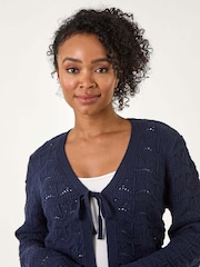 Roman Blue Dark Petite Plain Knitted Tie Cardigan - Image 4 of 5