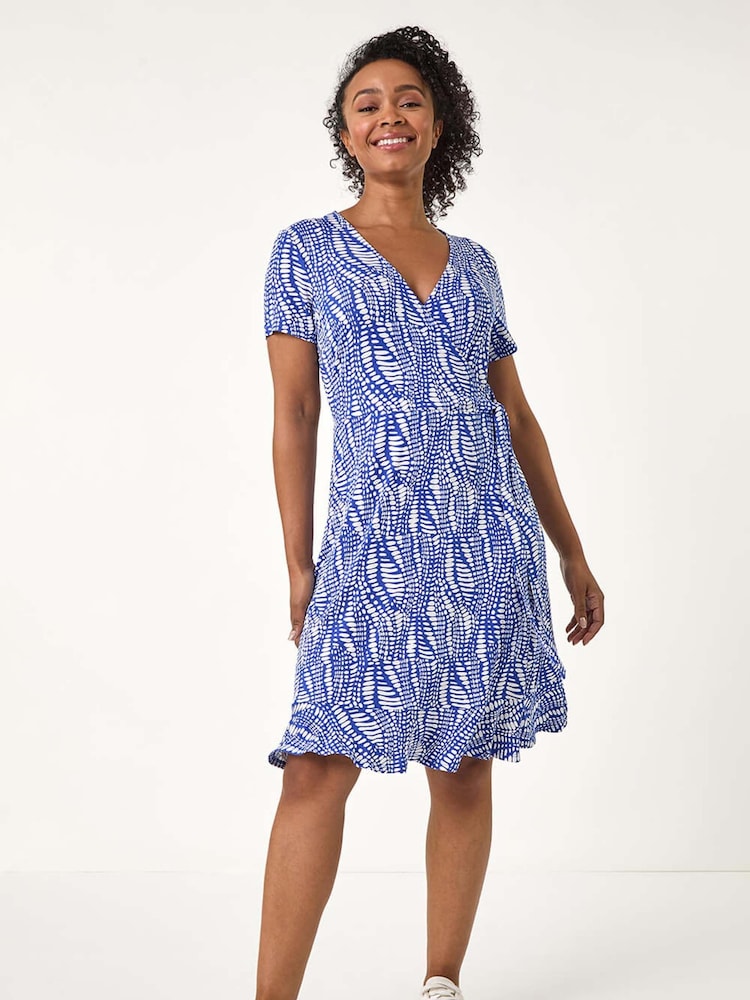 Roman Blue Petite Abstract Print Wrap Frill Dress - Image 1 of 5