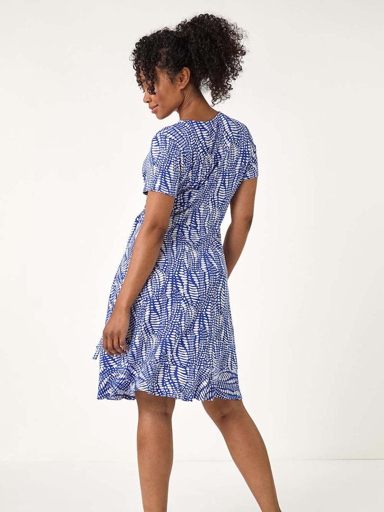 Roman Blue Petite Abstract Print Wrap Frill Dress - Image 2 of 5