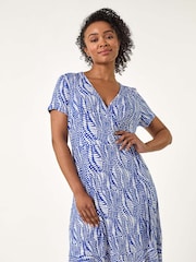 Roman Blue Petite Abstract Print Wrap Frill Dress - Image 3 of 5
