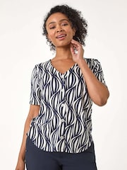 Roman Blue Petite Geo Print V-Neck Stretch Blouse - Image 1 of 5