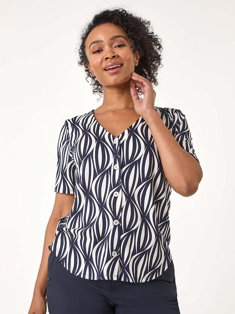 Roman Blue Petite Geo Print V-Neck Stretch Blouse - Image 1 of 5