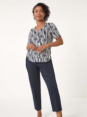 Roman Blue Petite Geo Print V-Neck Stretch Blouse - Image 2 of 5