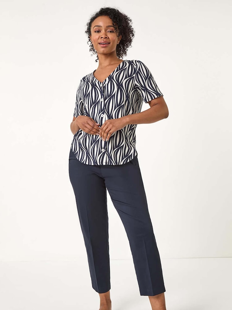 Roman Blue Petite Geo Print V-Neck Stretch Blouse - Image 2 of 5