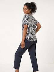 Roman Blue Petite Geo Print V-Neck Stretch Blouse - Image 3 of 5